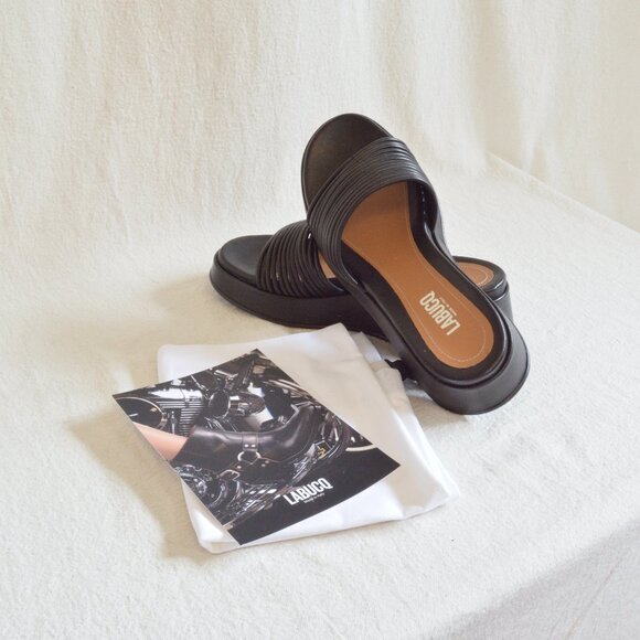 Labucq black Caye Nappa Leather Corded Vamp Platform Wedge Slide Sandal size 39 - Picture 2 of 5